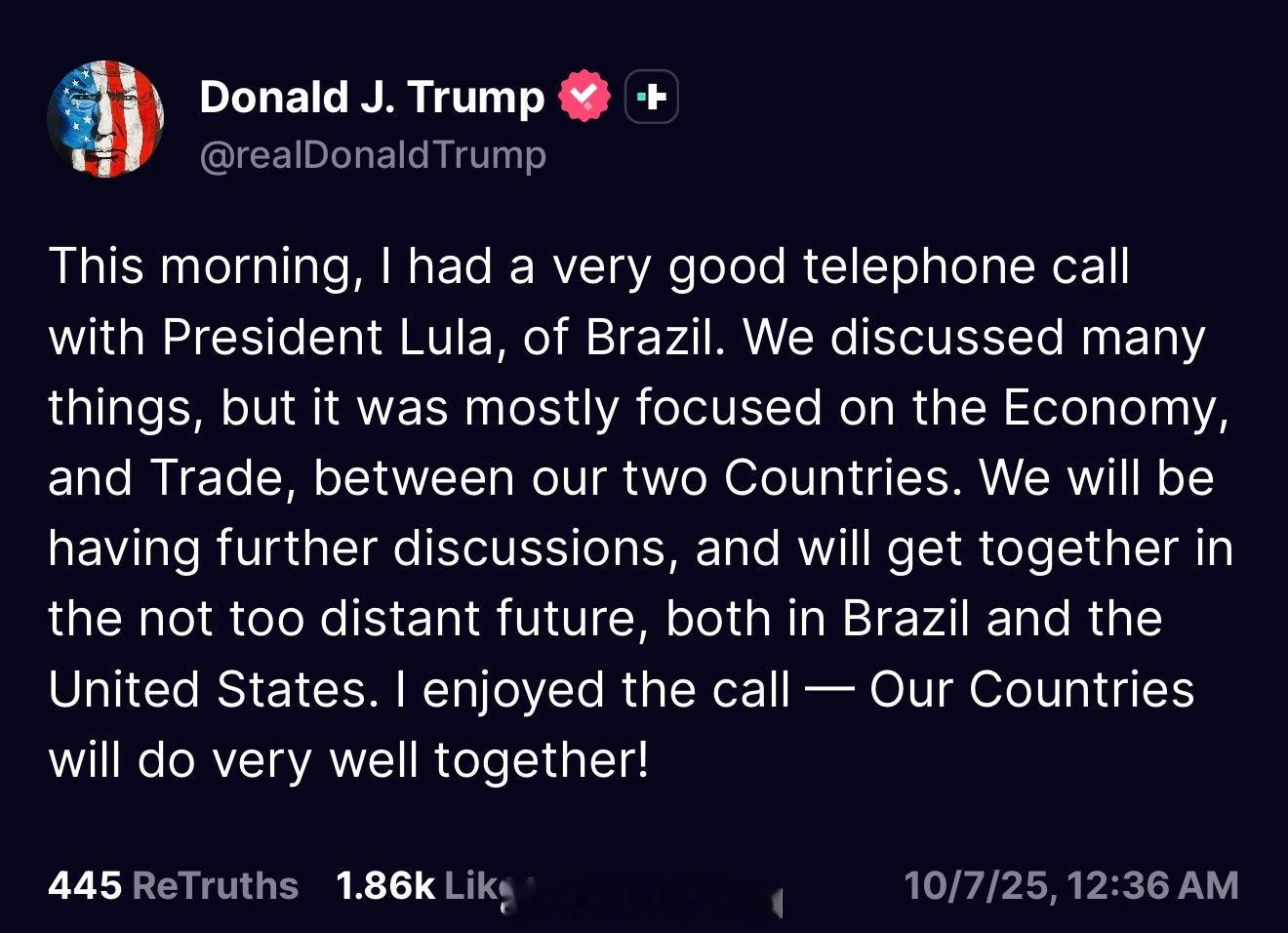 川普：“今天早上，我和巴西总统卢拉愉快的通了电话。我们聊了不少话题，主要还是围绕