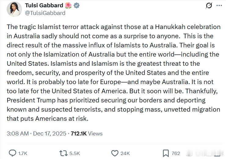 美情报总监图尔西·加巴德：欧洲和澳大利亚都太迟了“澳大利亚光明节庆祝活动中发生的