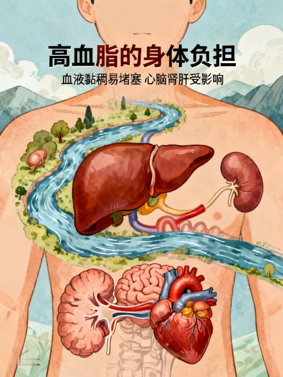 高血脂对身体的负担可太大了！血脂过高，血液就会变得黏稠，流动速度减慢，就像河道里