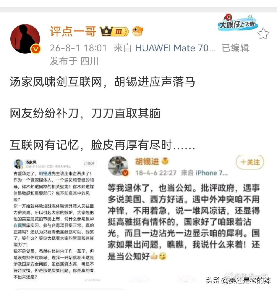 博主：汤家凤怒怼胡锡进，网友评论一边倒。
胡锡进在“古爱华”这件事上，言论确实是