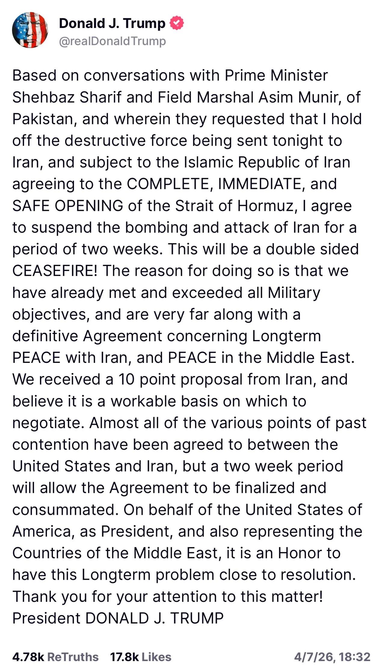 距离最后通牒（北京周三早上八点）一个半小时前，特朗普宣布停火两周：基于我与巴基斯