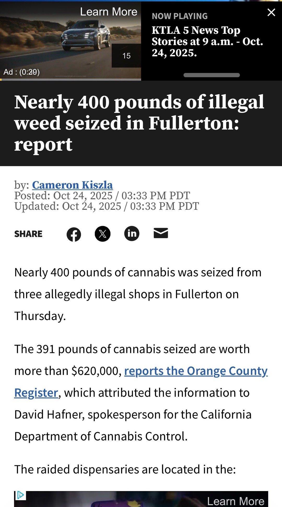 洛杉矶严打非法大麻店，警方在富勒顿（Fullerton）三家涉嫌非法商店中查获了