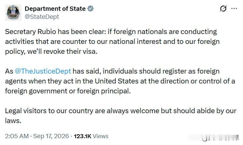 国务卿Rubio明确表态：如果外籍人士开展违背我国国家利益与外交政策的活动，我们