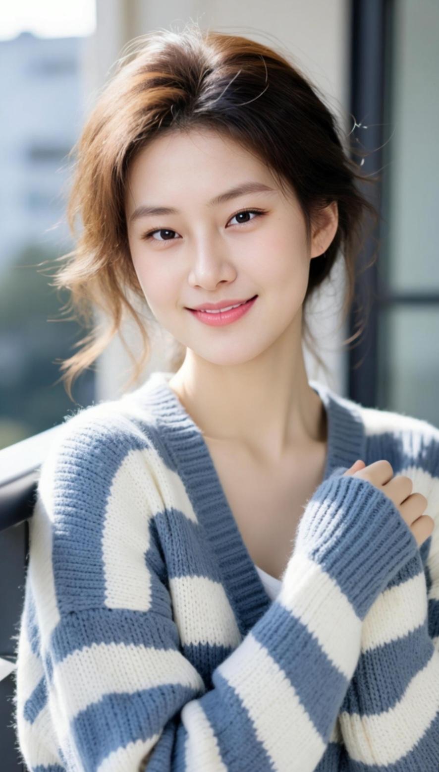 元气少女，温暖笑容，蓝白条纹毛衣，冬日里的暖阳。