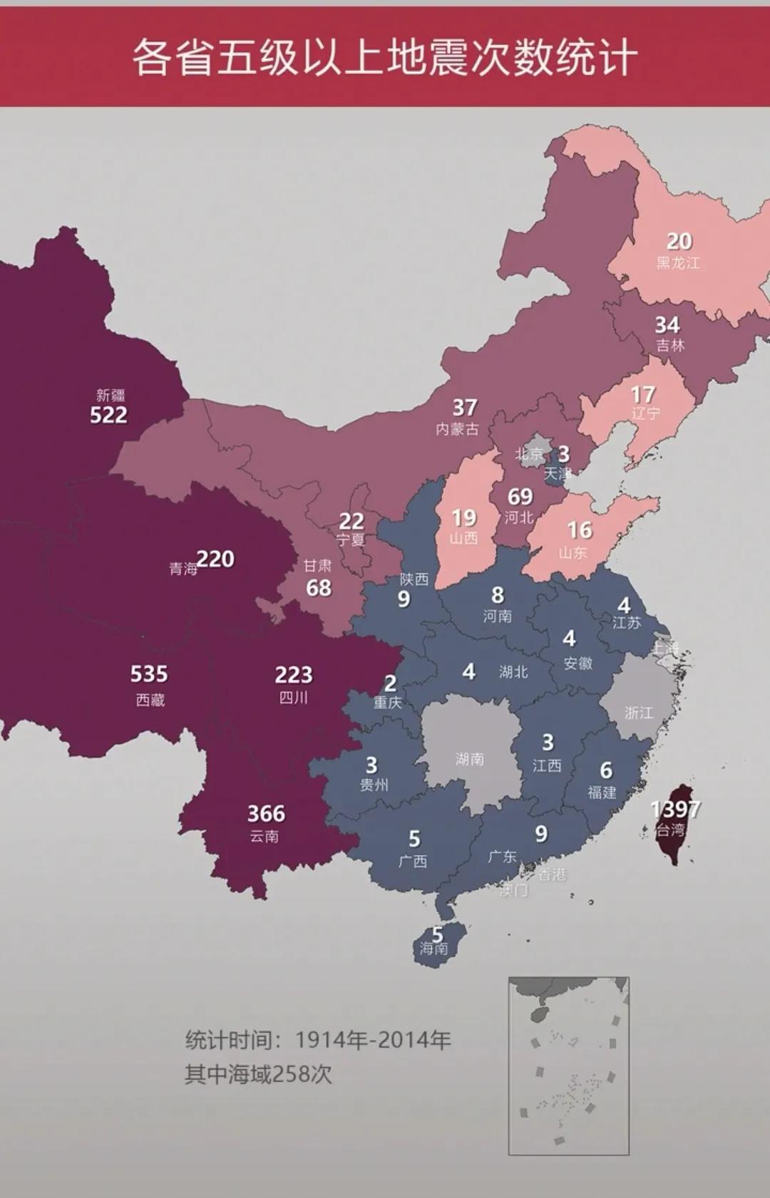 1914-2014百年间5级以上各省地震分布统计。湖南和浙江真不错，但浙江易刮台