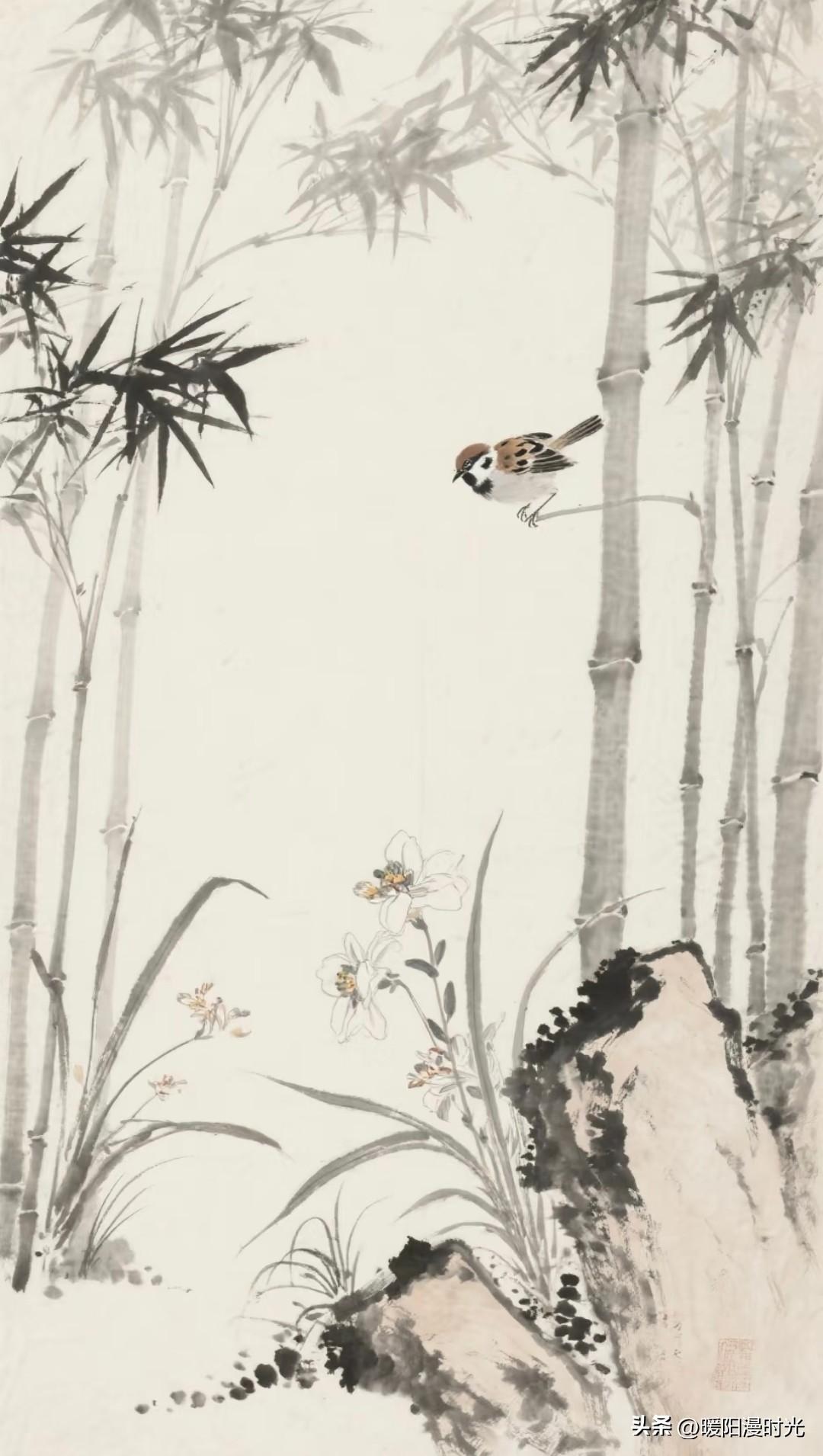 翠竹疏枝闻雀语，一笺水墨，藏尽尘世安然诗意
坤元艺术国画素材分享
