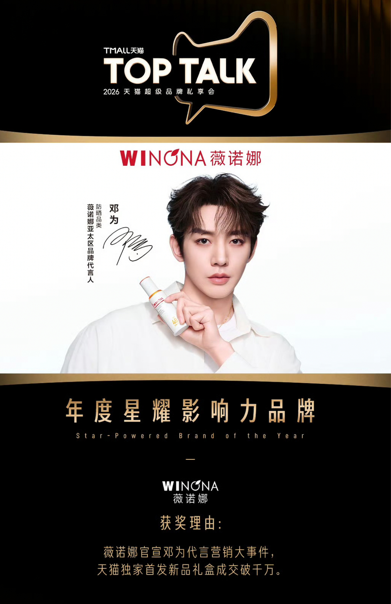 邓为的商业价值太顶了！2026天猫TOPTALK官宣：邓为&薇诺娜亚太区品牌代言