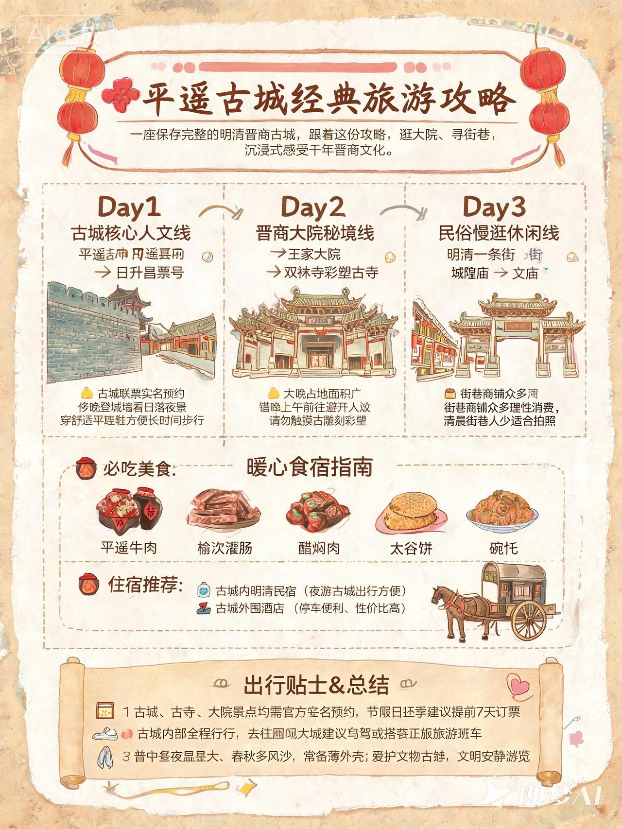 山西平遥古城经典旅游攻略信息图：

一座保存完整的明清晋商古城，跟着这份攻略，逛