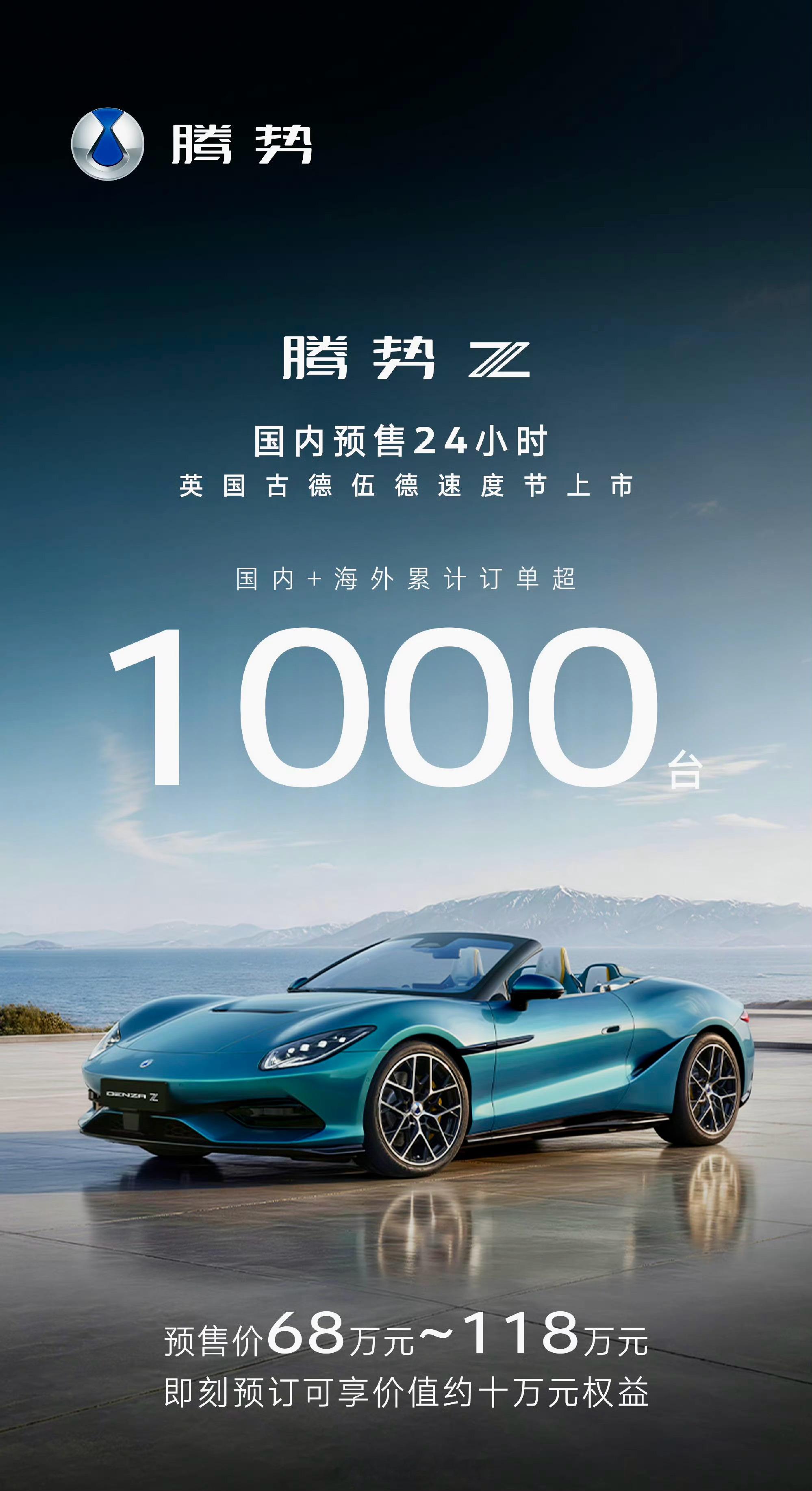 全球预售破1000台！腾势Z以破竹之势，席卷全球超跑圈。零百1秒级的中国超跑太帅