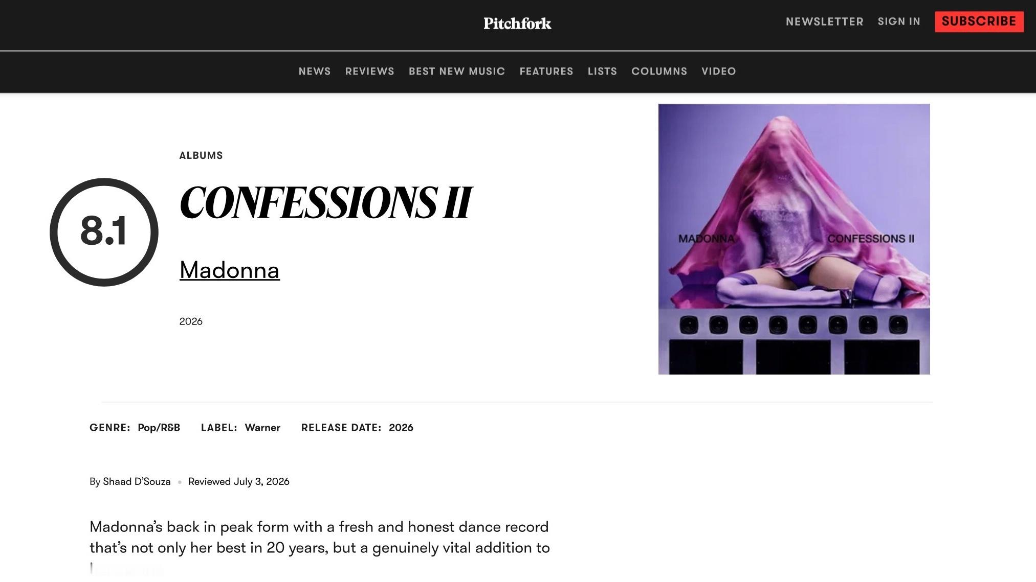 【乐评速递】Madonna 第十五张录音室大碟『CONFESSIONS II』获