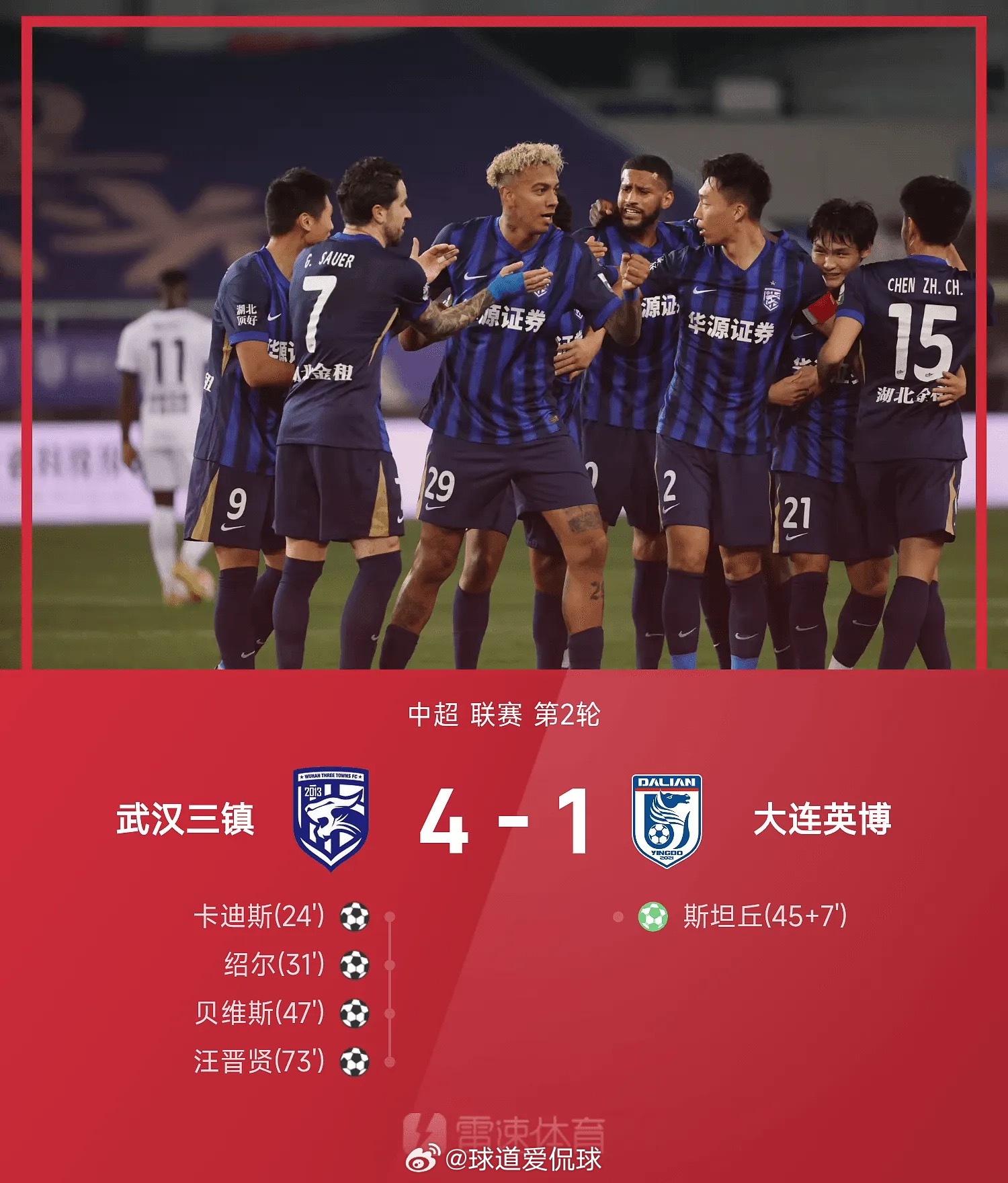 03月13日讯 26赛季中超联赛第2轮，武汉三镇主场迎战大连英博。上半场，卡迪斯