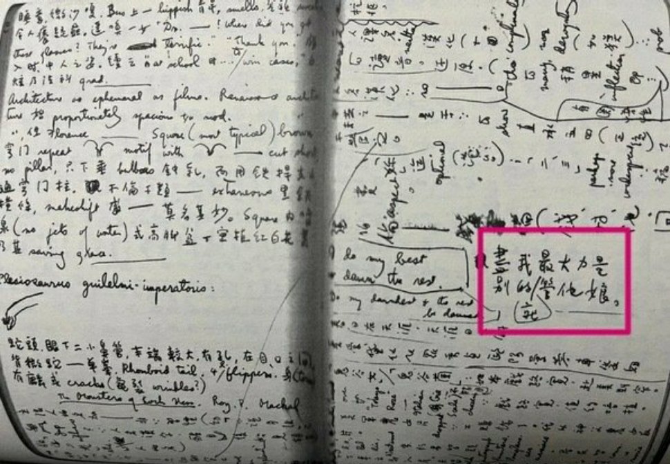 张爱玲在她的笔记簿上留下了她积极向上的金句：“尽我最大力量，别的就管她娘。”