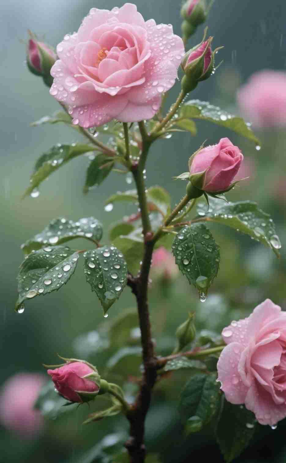 《雨中粉玫瑰》
 
细雨濛濛润浅霞，
粉玫凝露绽芳华。
圆珠叠叶垂清泪，
嫩萼含
