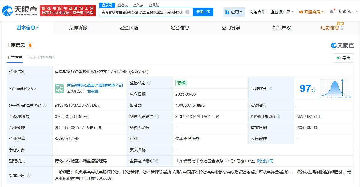 出资额10亿
天眼查工商信息显示，近日，青岛智联绿色能源股权投资基金合伙企业（有