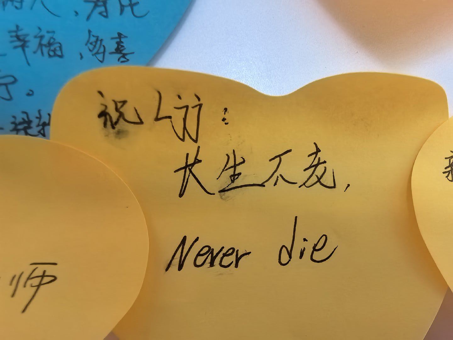 今天第一次品尝图一的水果。52年来第一次。今天又发现不少学生写了祝福语给我。有情
