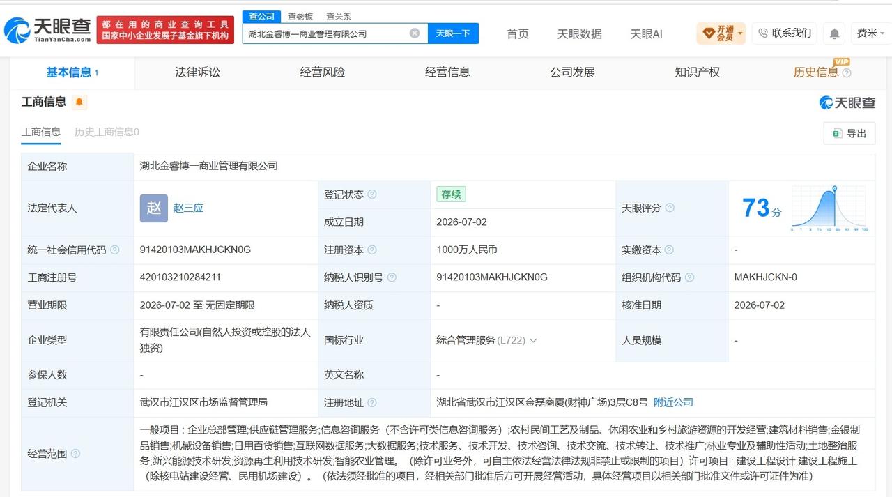 中信金融资产在湖北成立新商业管理公司 注册资本1000万

天眼查App显示，近