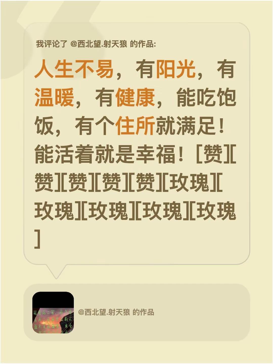 我评论了@西北望.射天狼 的作品：人生不易，有阳光，有温暖，有健康，能吃饱饭，有
