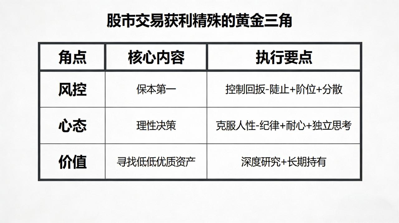股市交易获利的精髓：五大核心要素
 
股市交易获利的精髓并非复杂的技术指标或精准