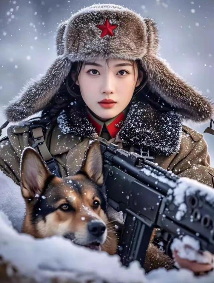 雪地中的英姿飒爽女战士与忠诚的军犬敬礼雪中战士