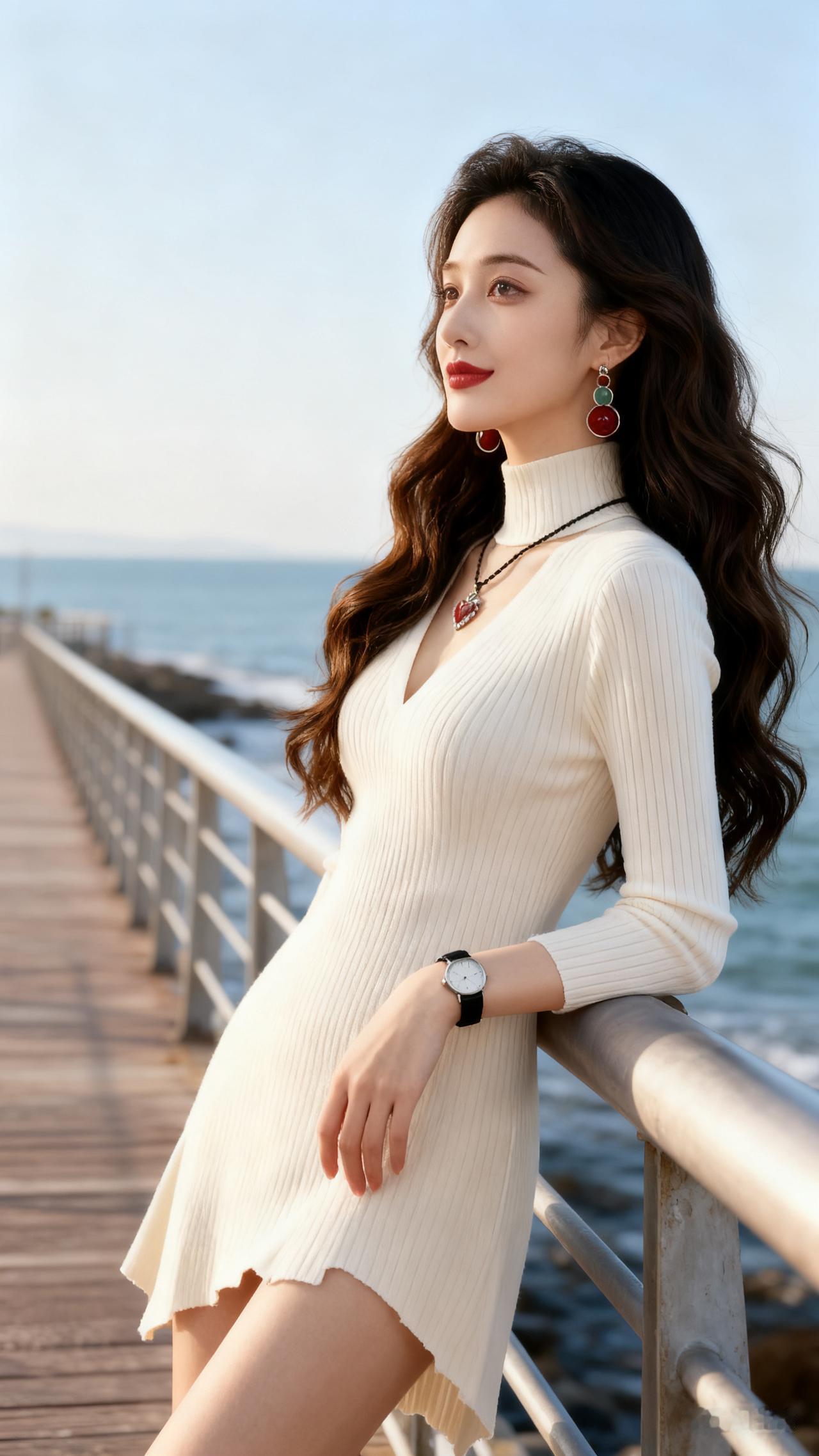 海边漫步，优雅白裙，海风轻拂，自在悠然。