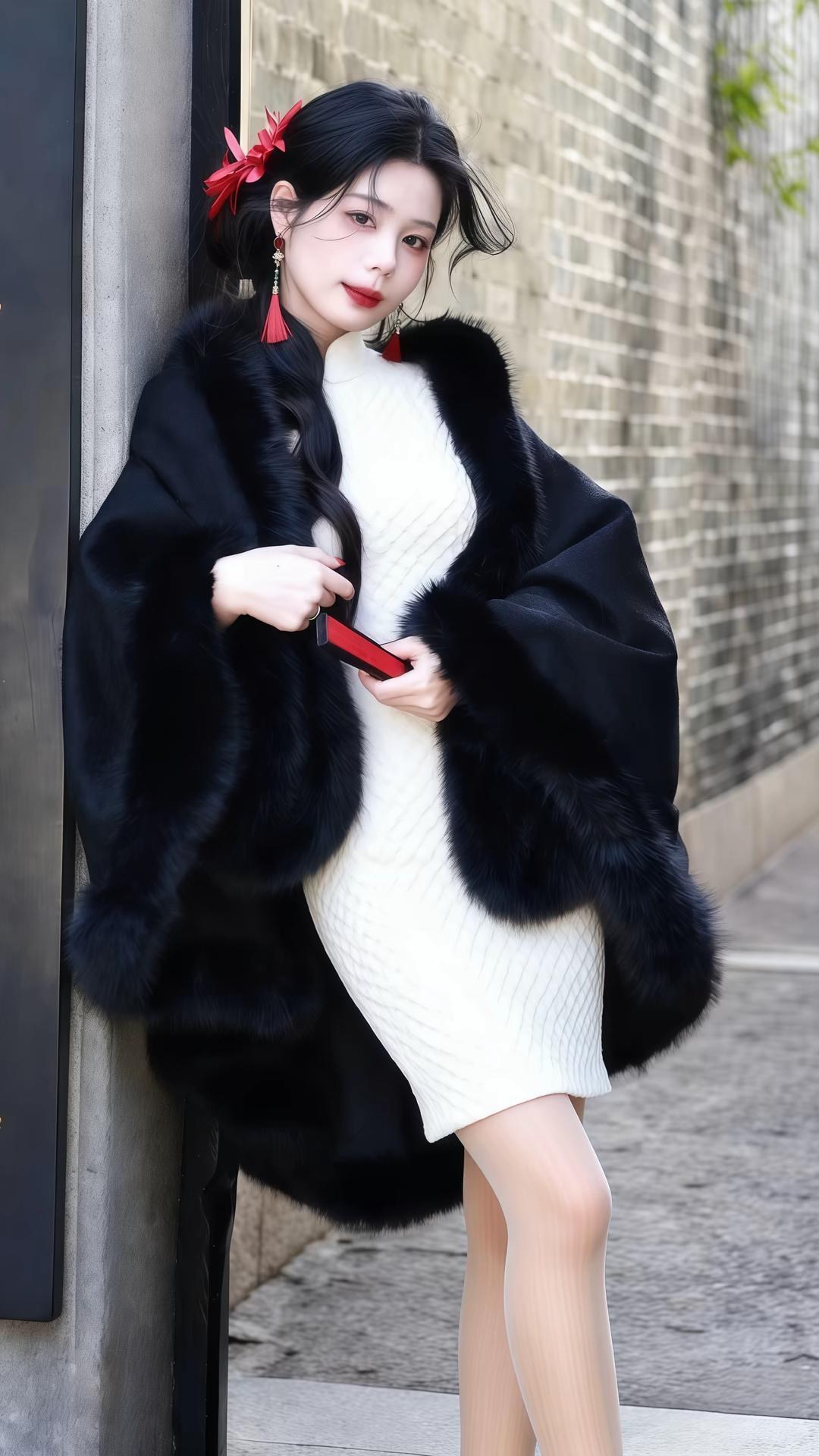 黑色披肩如墨玉雕琢而成，边缘点缀着柔软细腻的绒毛，在阳光下闪烁着低调而神秘的光泽