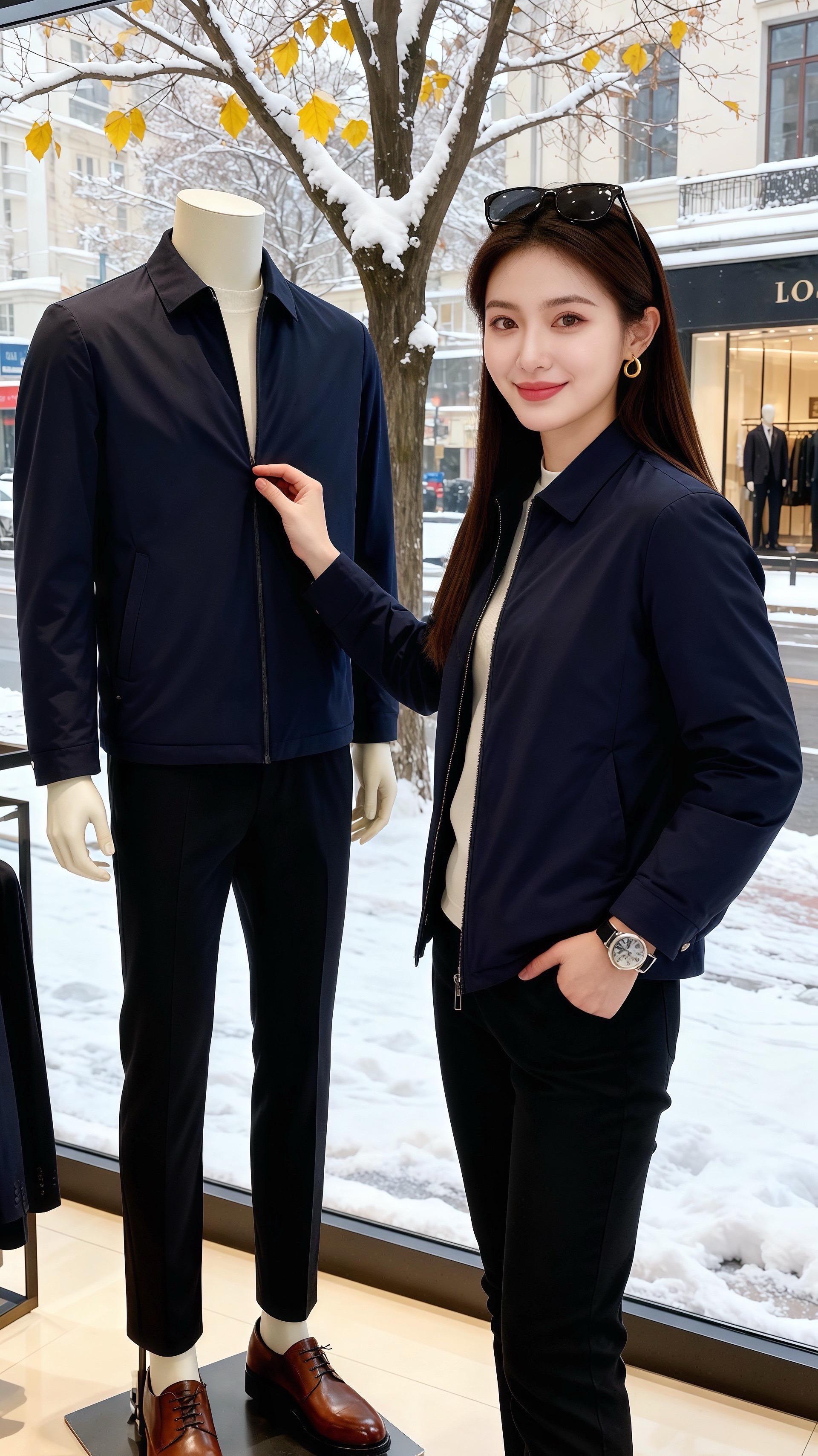 雪粒扑在男装店的玻璃橱窗时，许妍正指尖碰着藏青夹克的拉链——和她身上这...