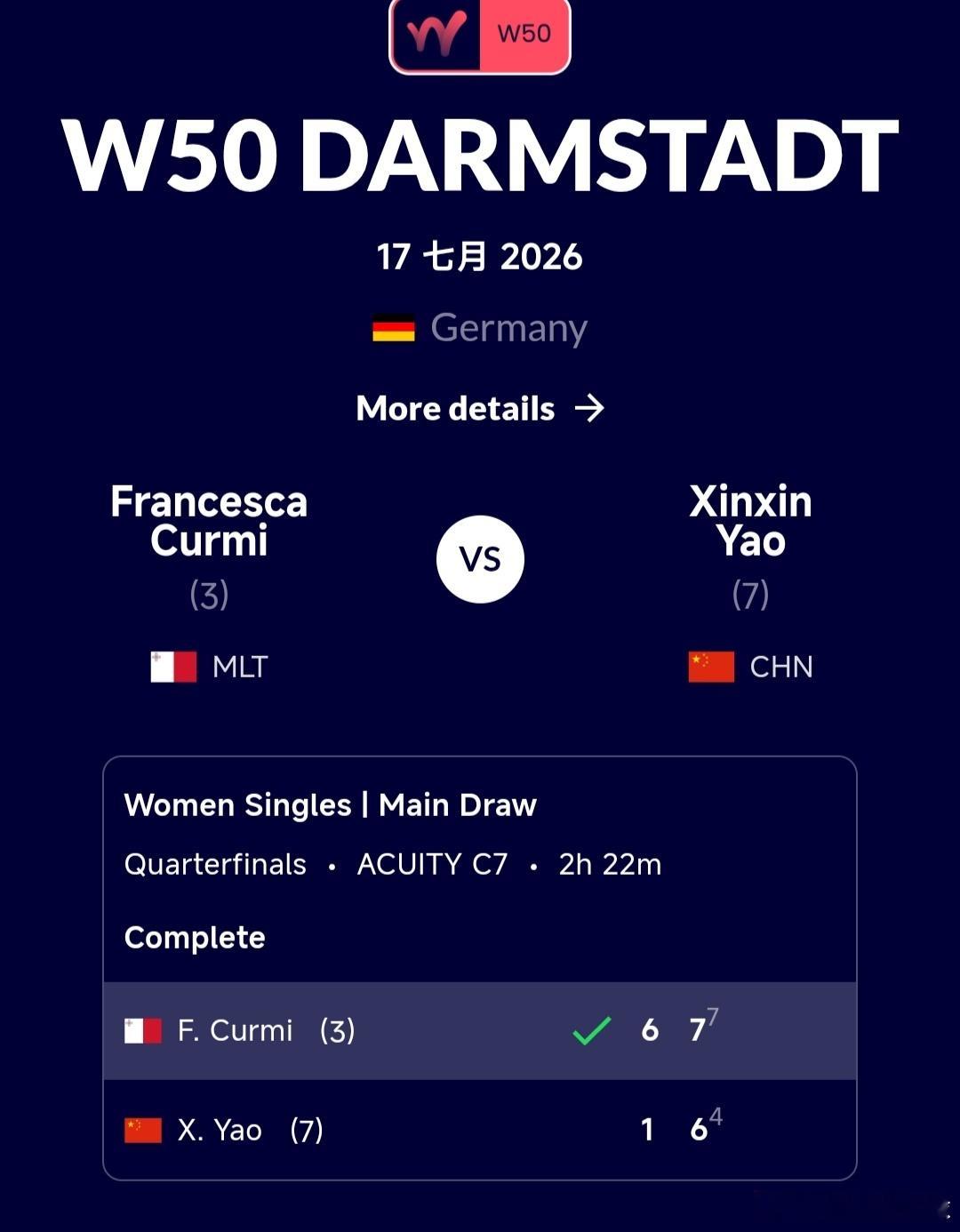 W50达姆施塔特站🇩🇪女单8进4姚欣辛🇨🇳1-6/6-7(4)不敌库尔米
