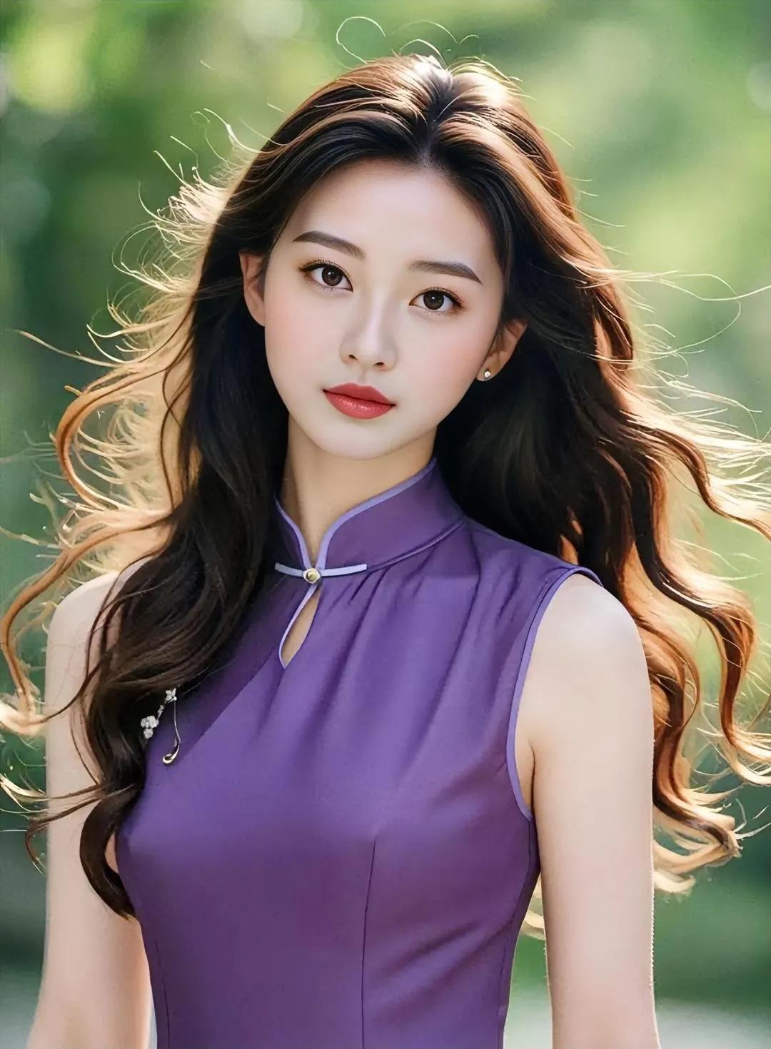 优雅紫衣少女，绿意盎然背景，清新自然美。清新美照分享 分享美少女倩影