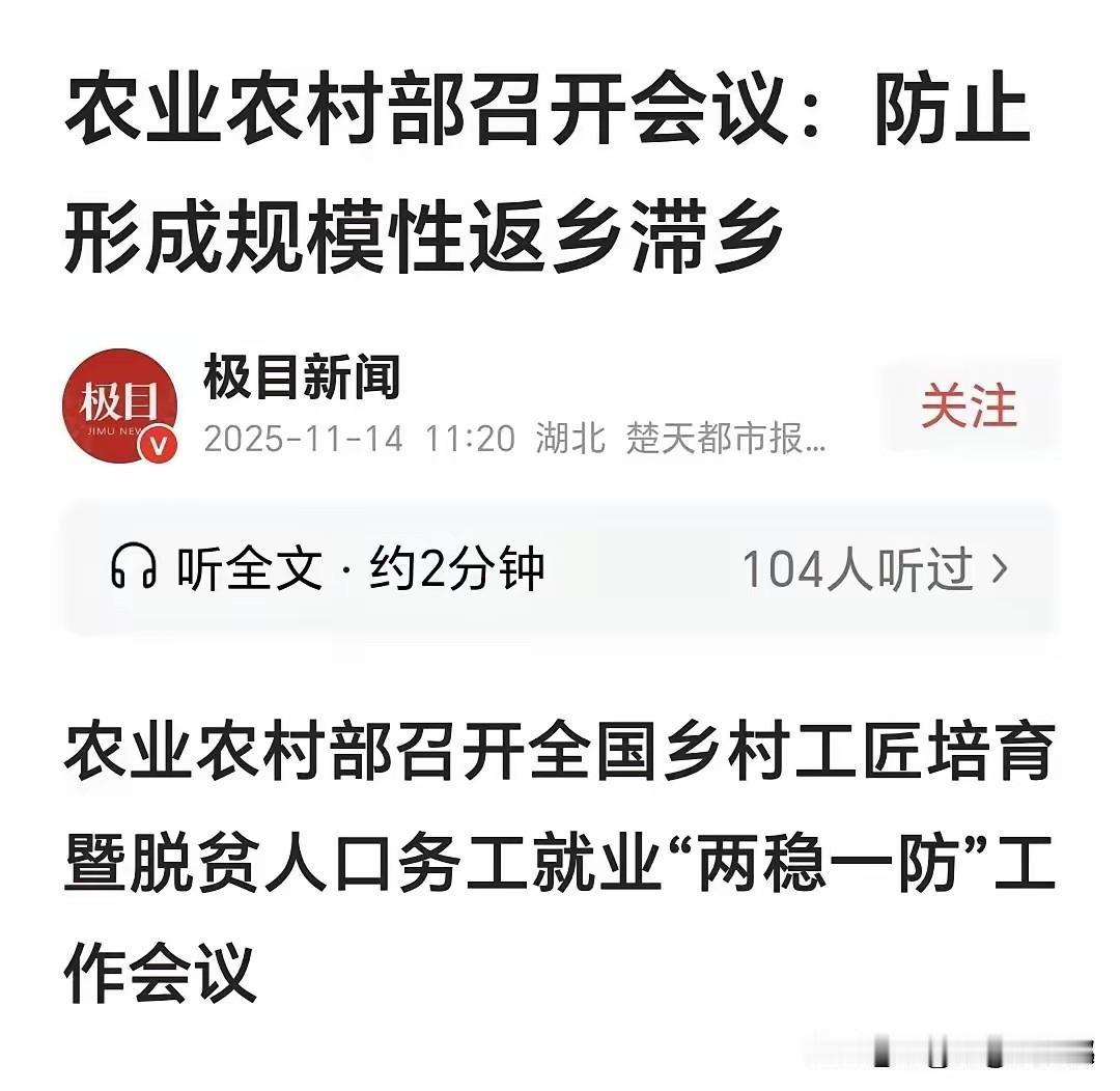凡事预则立，
农村部说，防止形成规模性返乡滞乡，
就是表面意思，农民工回家后，不