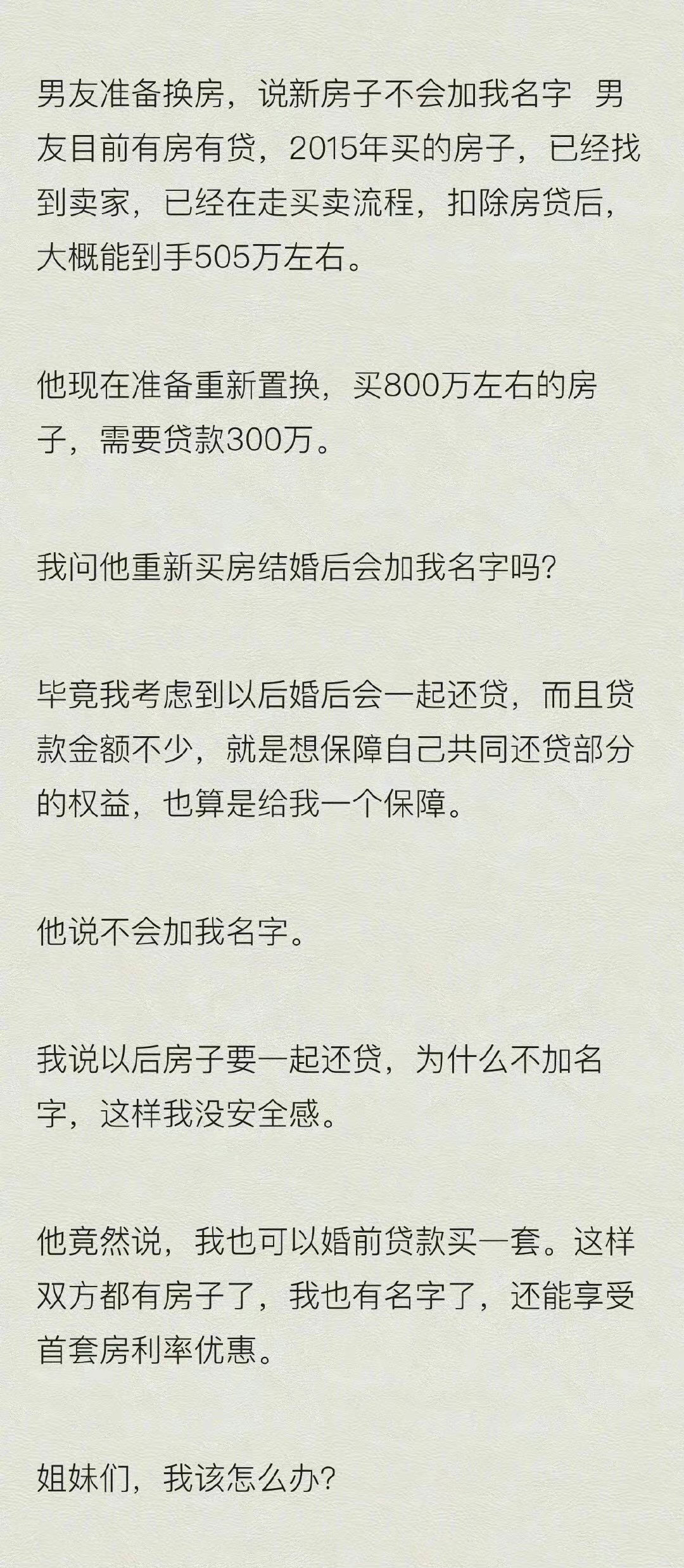 网友发帖求助：男朋友婚前贷款买房，并明确表示不会加我的名字这合理吗我该怎么办 ​