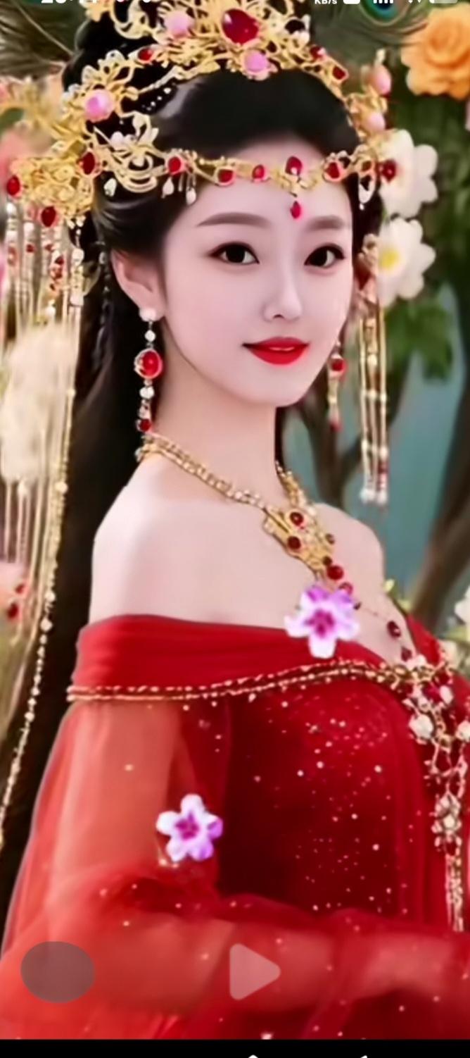 一袭烈焰红纱裙温婉动人，鎏金凤冠缀满红宝石与粉珠，垂落的金穗流苏摇曳生姿。额间红