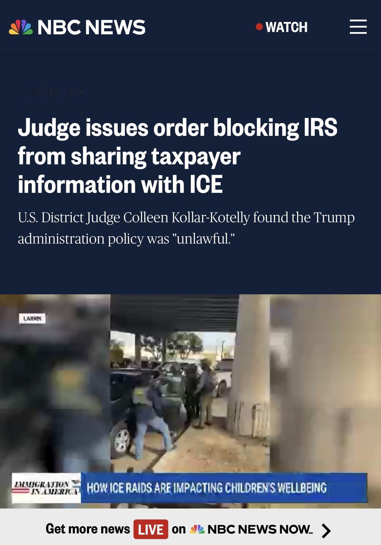 美国联邦法官阻止美国国税局与美国移民及海关执法局（ICE）共享纳税人信息，裁定此