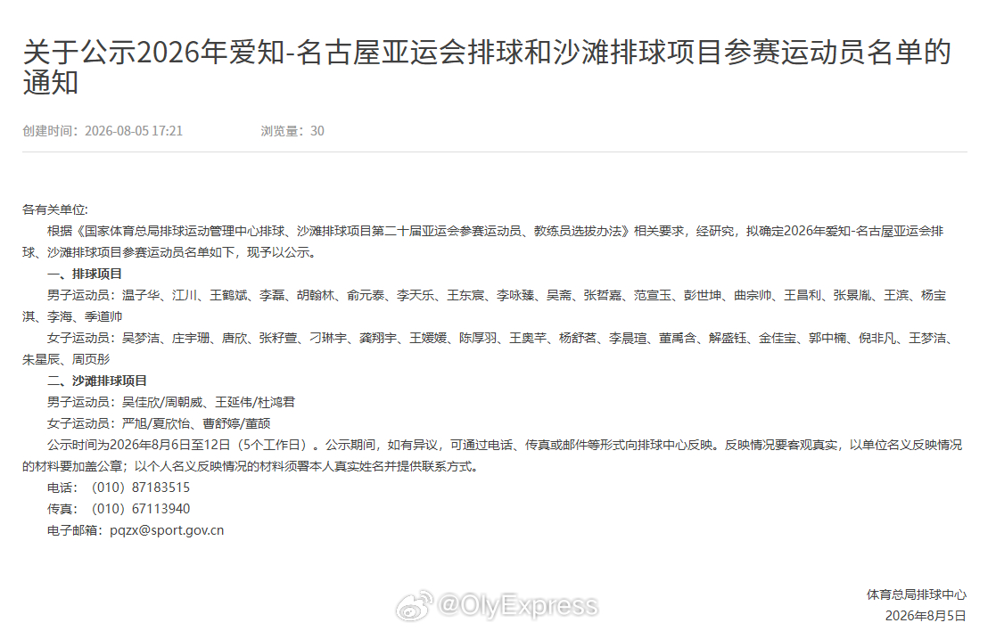 【亚运会中国排球运动员名单公示】8月5日，中国排协在官网公示了参加亚运会的排球和