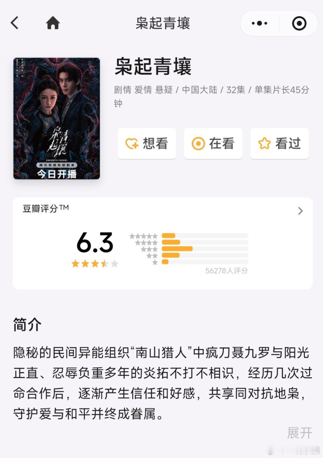 枭起青壤 6.3分目前在追这部剧，我觉得6.3分低了，7分左右合适。里面两个演员