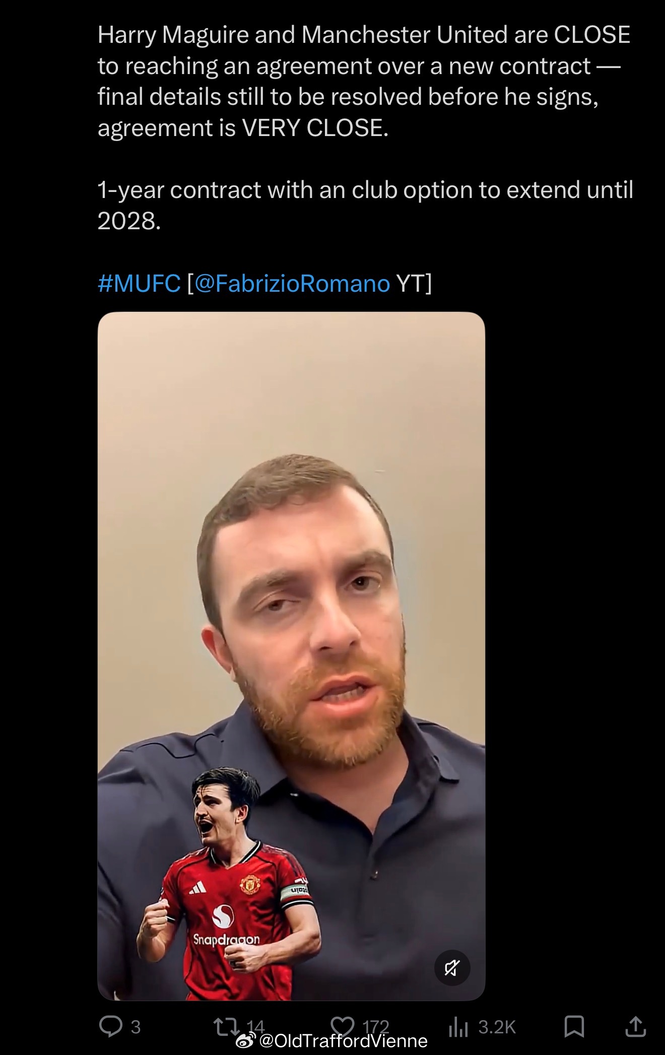 罗曼诺：曼联接近与马奎尔签下1+1新合约 