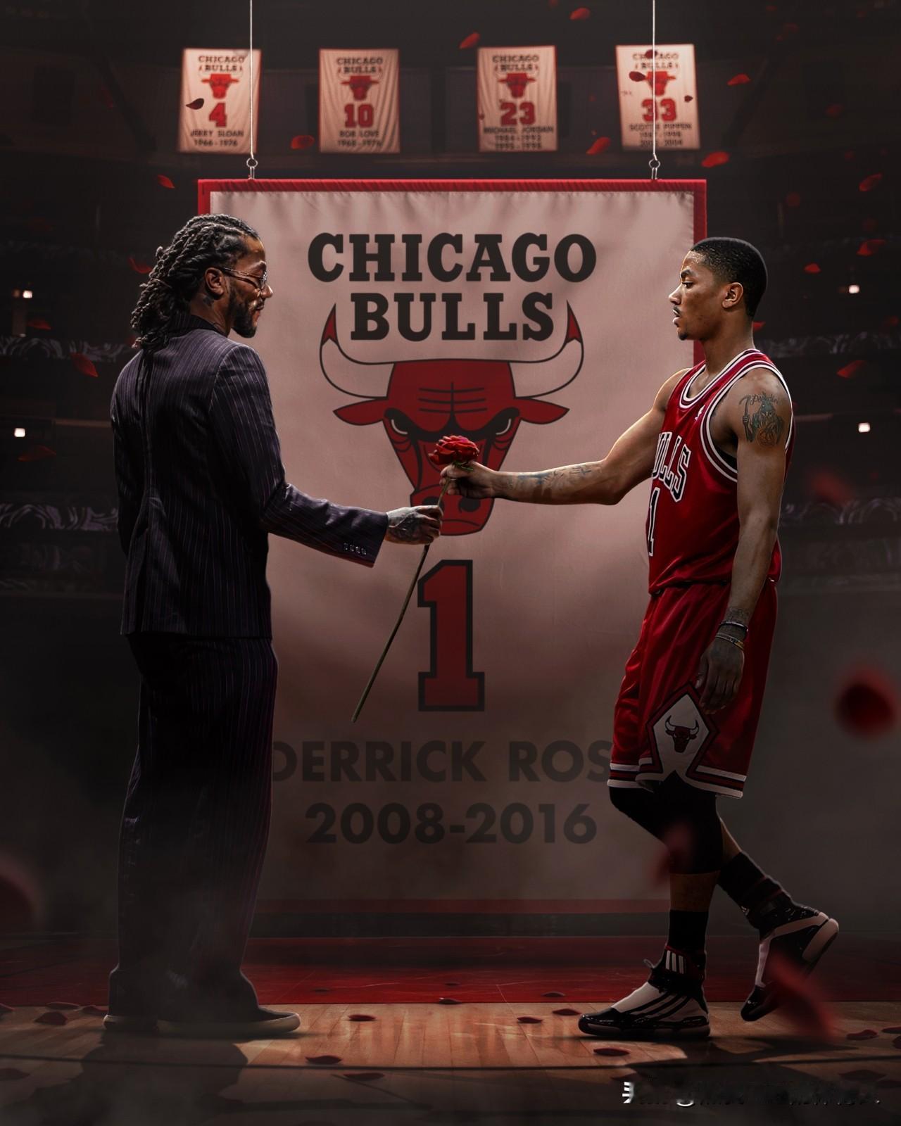 罗斯球衣今天在公牛主场正式退役，罗斯是公牛队继乔丹之后第一位真正的超级明星，他在
