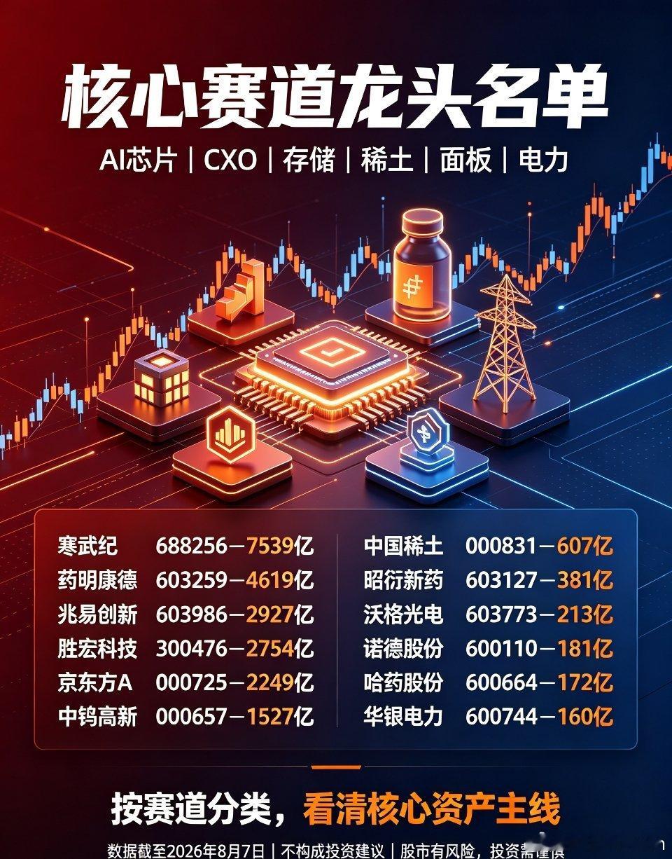 核心赛道龙头公司梳理（截至2026年8月7日市值）按赛道属性分类整理，覆盖AI半
