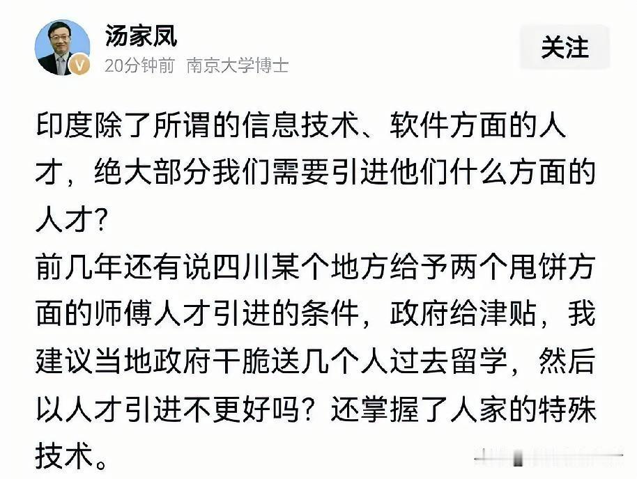 汤家凤教授这次评论印度人才引进，稍显偏颇。他说：“印度除了所谓信息技术、软件方面