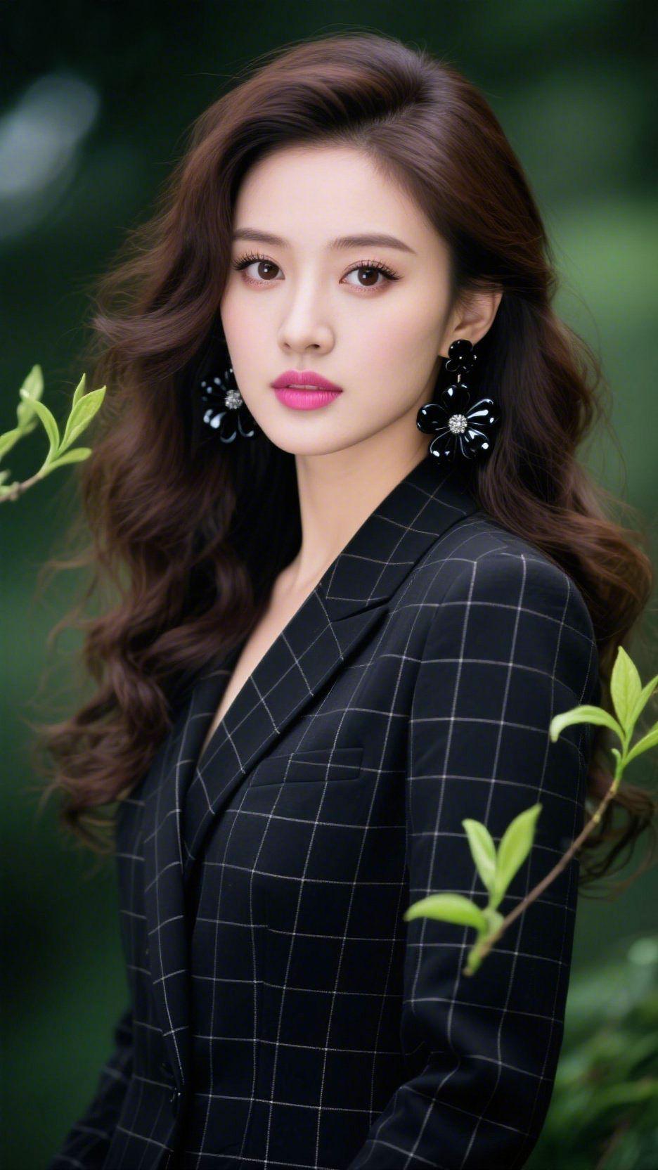 《墨格栖春，柔飒相和》
 
新绿绕肩时，她立在浅荫里，墨格西装裹着利落的温，耳间