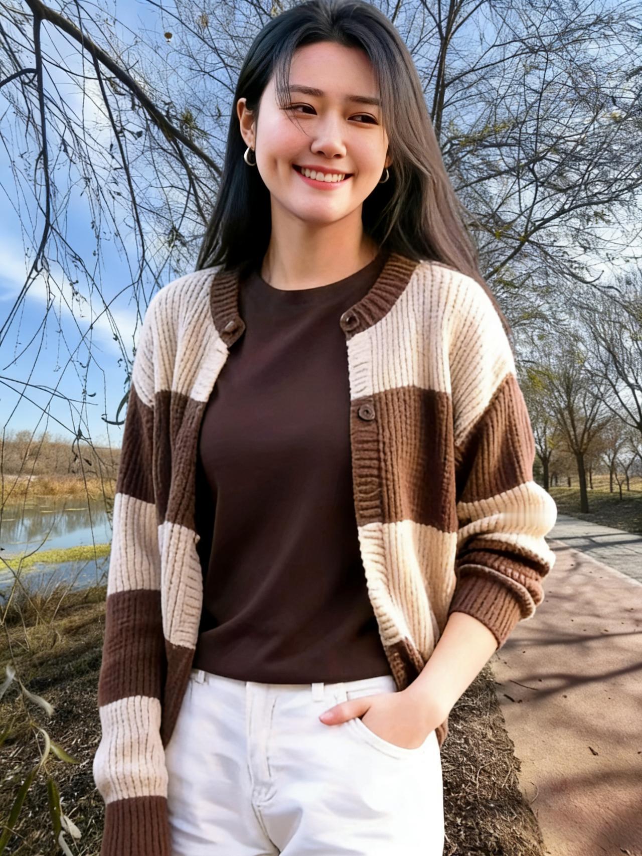 风从河面上掠过来
先吻了柳枝 再吻她的发
棕白开衫被吹得鼓起来
像载着温柔的船 