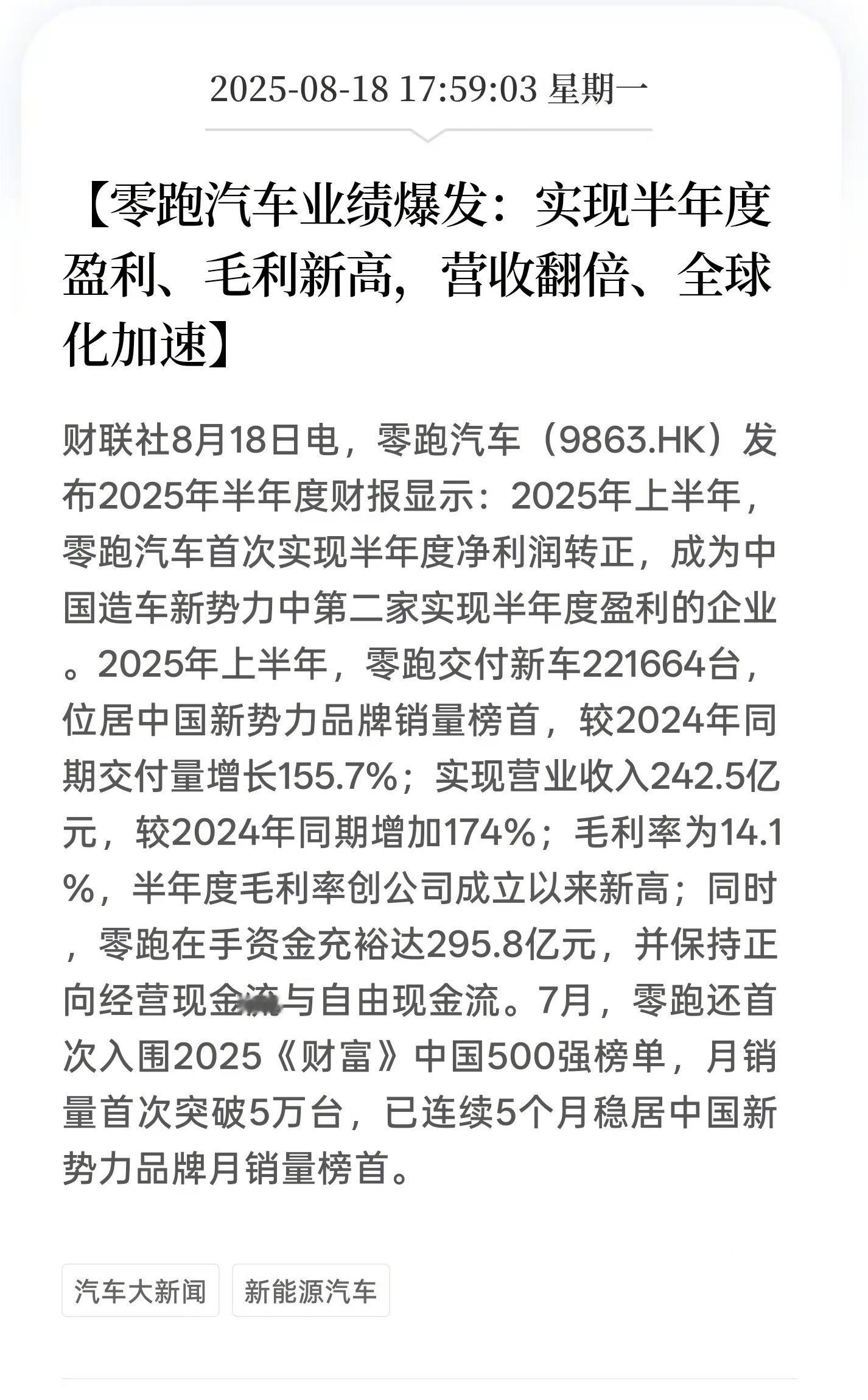 零跑汽车首次实现半年度盈利 零跑发财报了，果然是领跑新势力。上半年公司实现营收2
