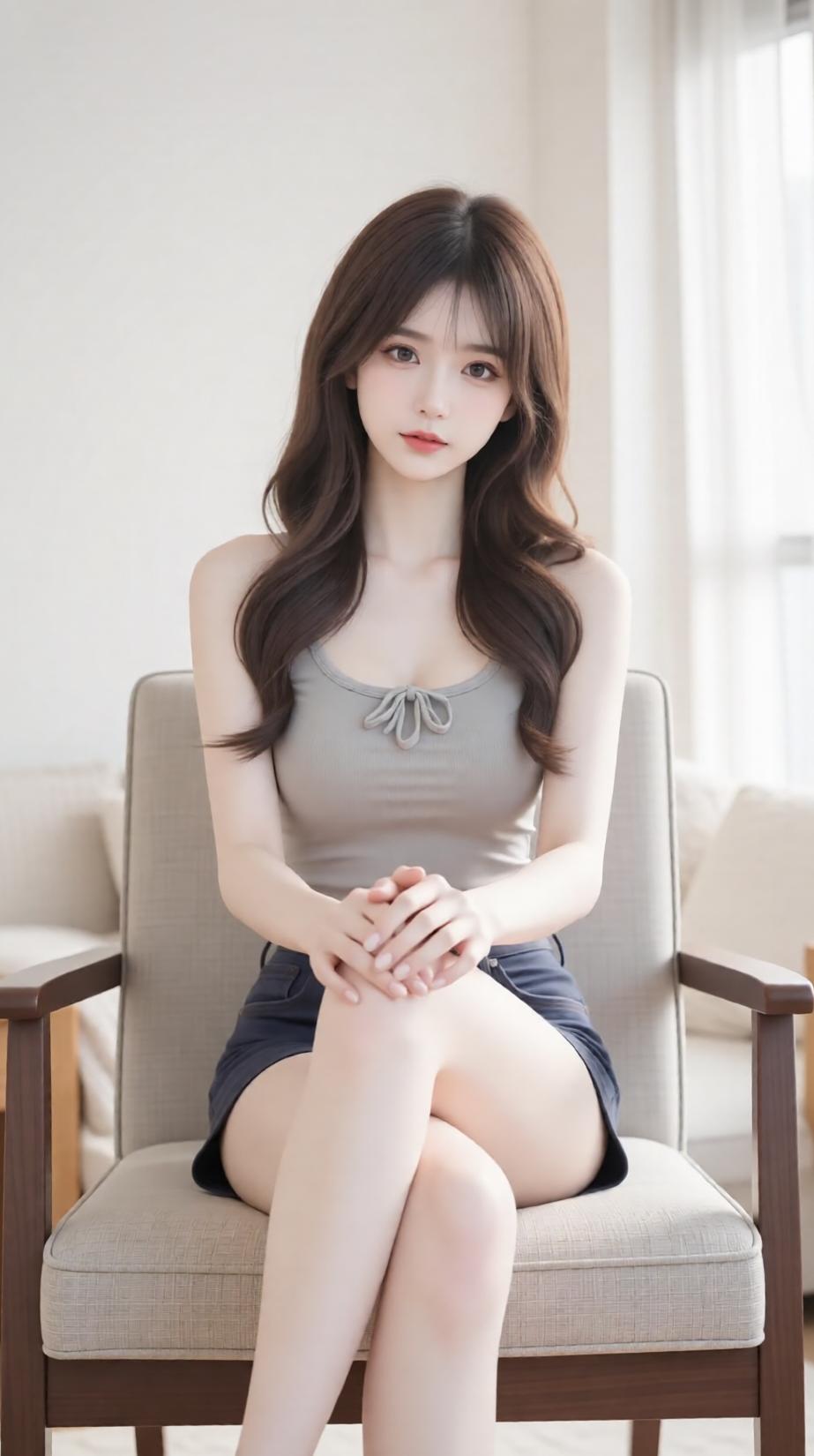 温柔甜美的少女，坐在舒适的椅子上，散发着宁静的气息。