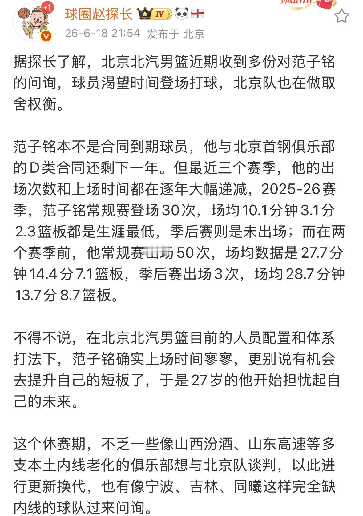 休赛期交易绯闻-范子铭
据探长了解，北京北汽男篮近期收到多份对范子铭的问询，球员