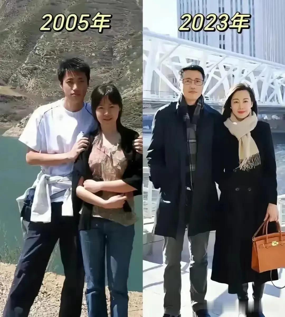 一对夫妻在18年中的对比照片，
看起来很恩爱的样子。
这样的幸福生活确实对人有滋