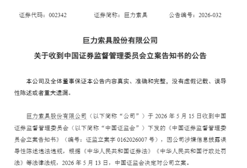 【商业航天翻倍股被立案，股价一年涨超300%】5月15日晚，巨力索具（00234