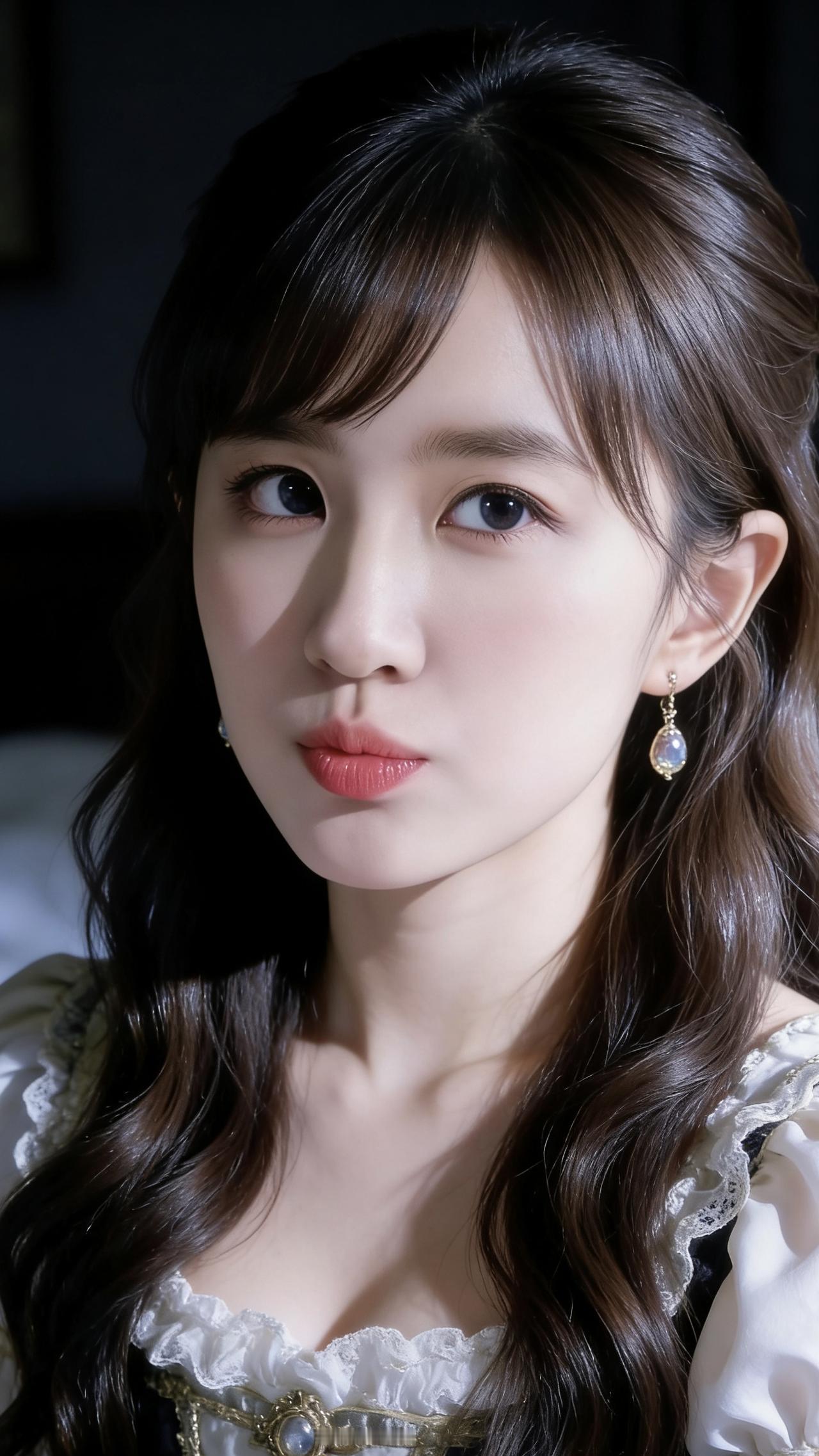 暖黄的灯光落在她耳坠的晶石上，漾开细碎的光。蕾丝裙边的金线泛着柔和的光泽，她的目