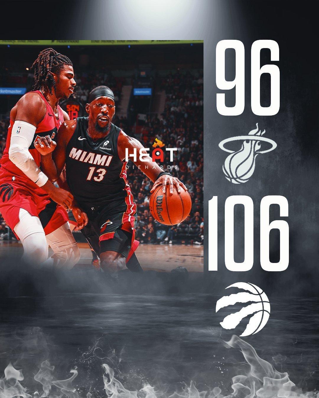 最终比分：热火96比106负于猛龙，遭遇五连败。阿德巴约：20分10篮板鲍威尔：