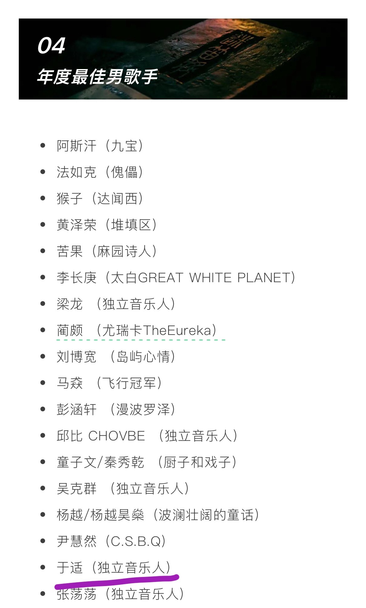 于适入围迷笛奖年度双项恭喜于适入围迷笛奖年度最佳男歌手！同时歌曲《适诗》入围年度