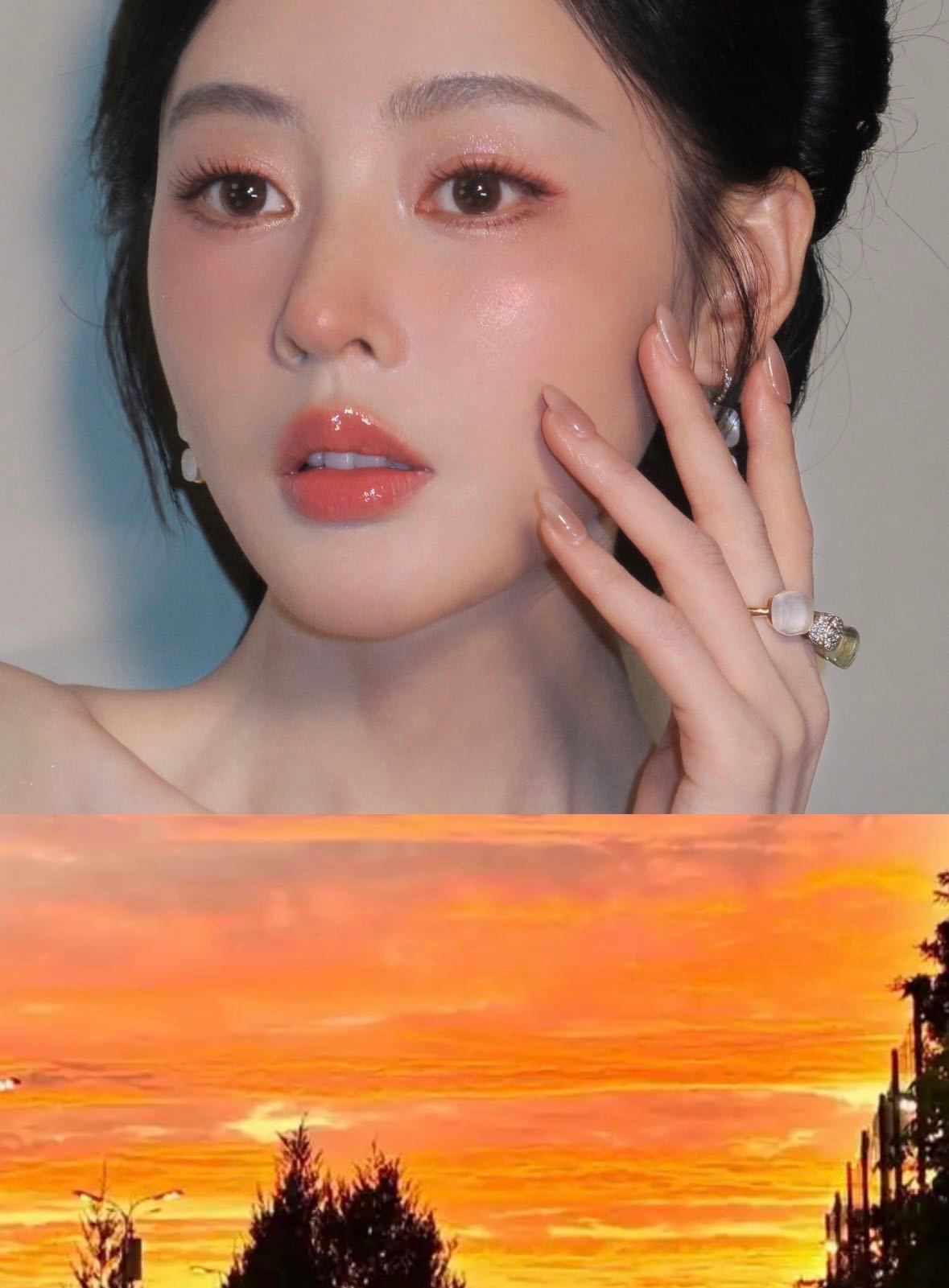  张天爱 这张脸也太会扛妆了吧！粉橘霞光晕染眼尾，唇间带点微醺潮红，氛围感直接拉