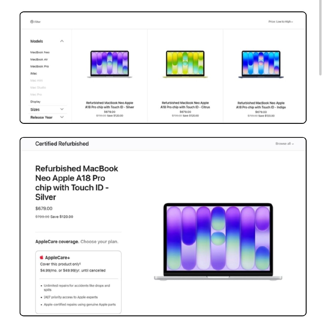 【苹果新机涨价官翻补位 】MacBookNeo官翻版上架 本周四，苹果对MacB